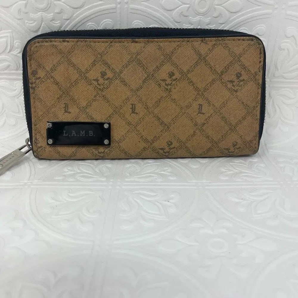 L.A.M.B. Tan Black Leather Gwen Stefani Monogram Zip Around Wallet